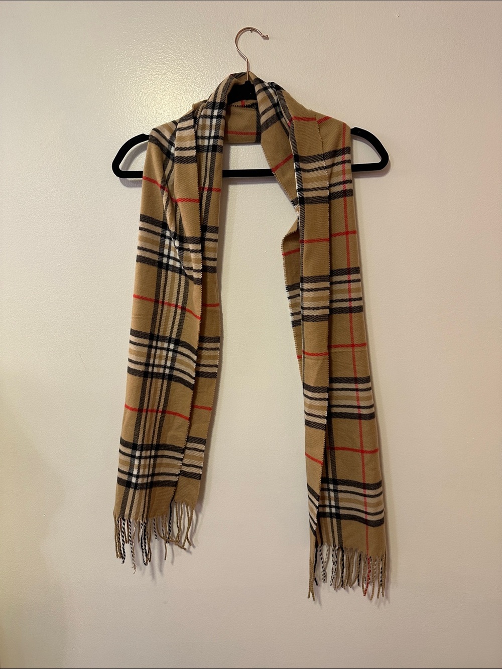 Tan Plaid Cashmere Blend Scarf Classic Check Fringe Wrap